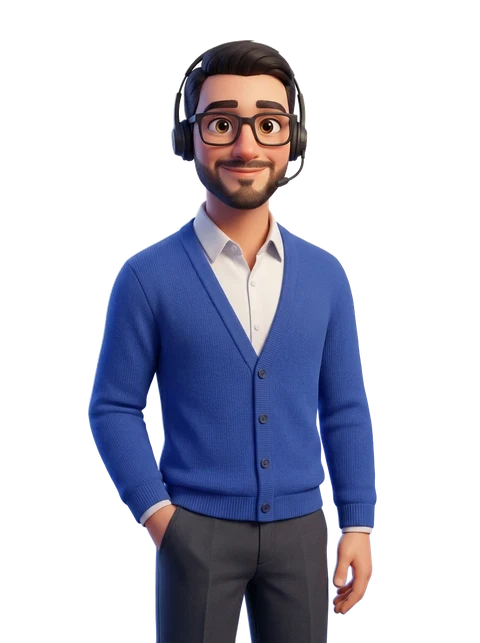 Noah, le visage de l'équipe Telefon-iA, casque à micro sur les oreilles