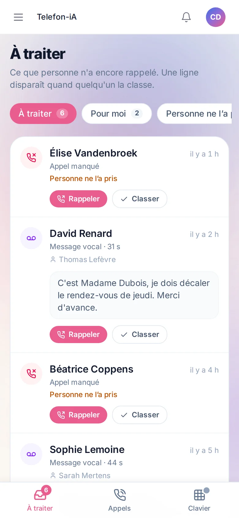 Boîte à traiter sur mobile : appels manqués et messages vocaux